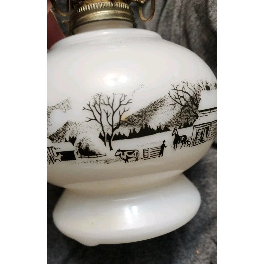 Vintage Currier & Ives Milk Glass Lantern Base Horses Farm Homestead  Rare